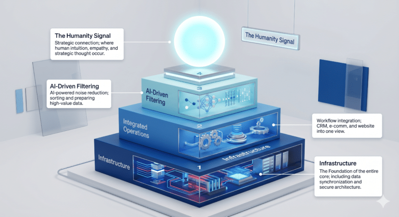 A 4-layer foundation showing how secure infrastructure and integrated operations serve to amplify the Humanity Signal at the peak of strategic decision-making.
